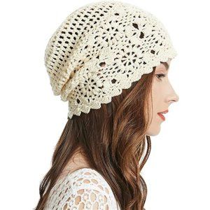 Women Cotton Crochet Beanie Hat CuteKnit Cutout Summer Floral Skull Cap